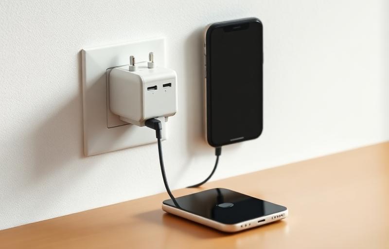 Adattatore universale collegato a una presa giapponese mentre carica uno smartphone