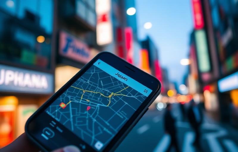 Smartphone con mappa di Tokyo in una via illuminata da insegne al neon