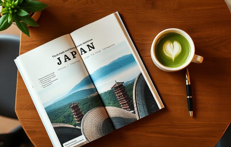 Guida di viaggio sul Giappone aperta su un tavolo con tazza di matcha latte