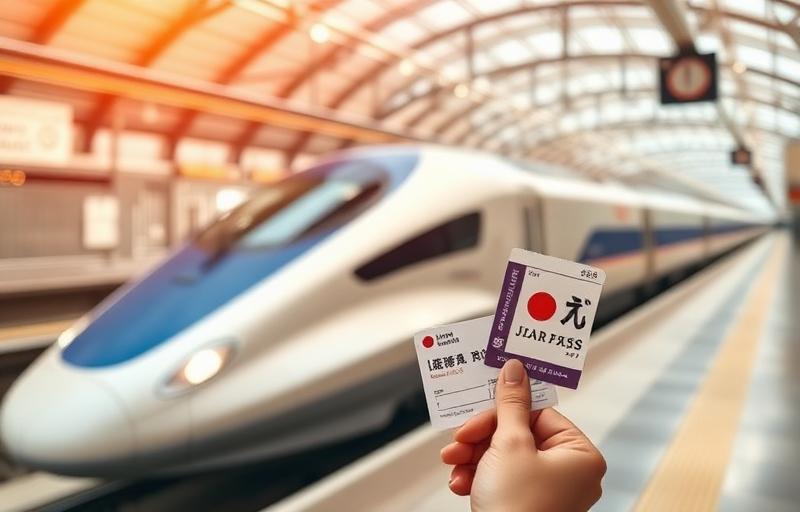 Shinkansen bianco e blu in stazione con un viaggiatore che mostra un Japan Rail Pass