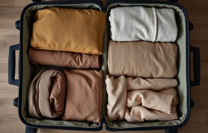 Valigia aperta con packing cubes ordinati in toni terra