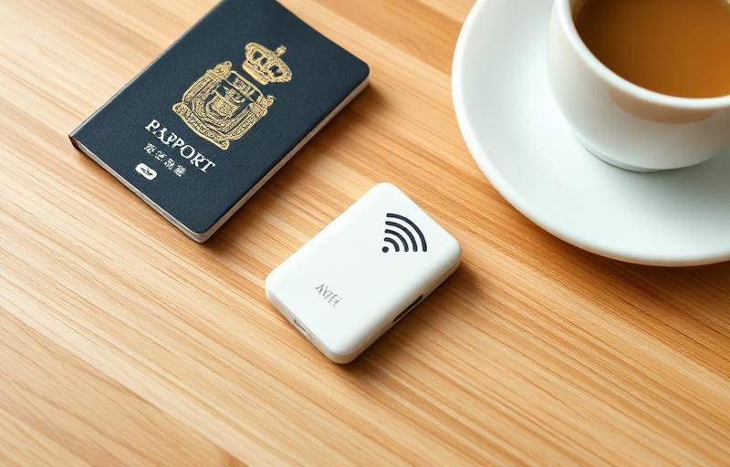 Pocket Wi-Fi bianco accanto a passaporto e tazza di caffè